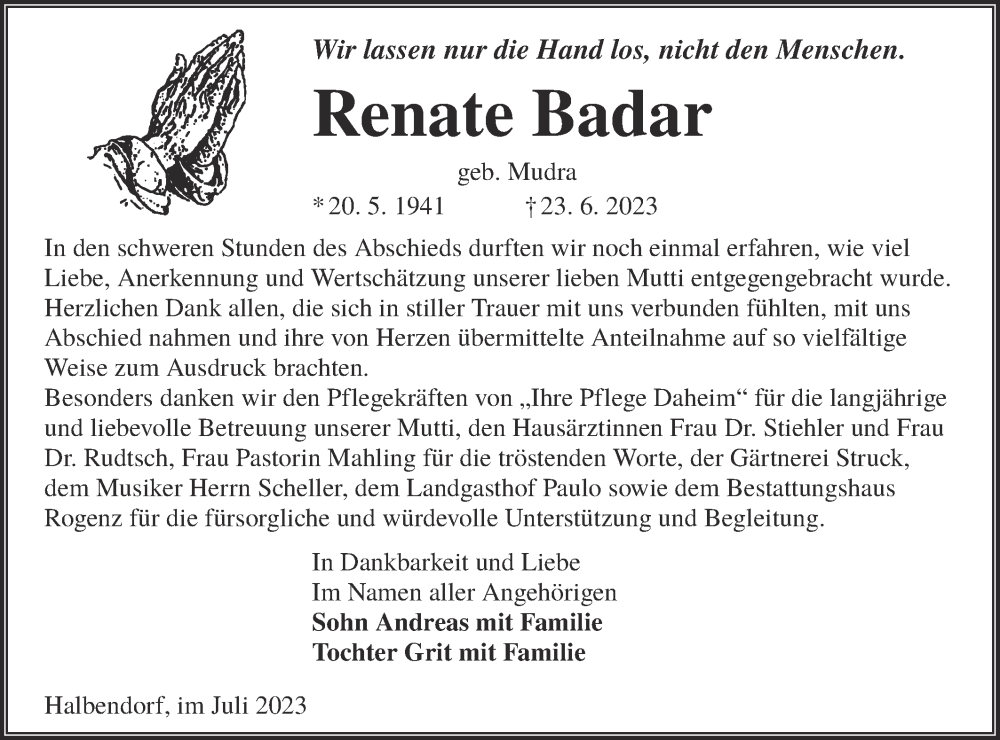  Traueranzeige für Renate Badar vom 29.07.2023 aus Lausitzer Rundschau