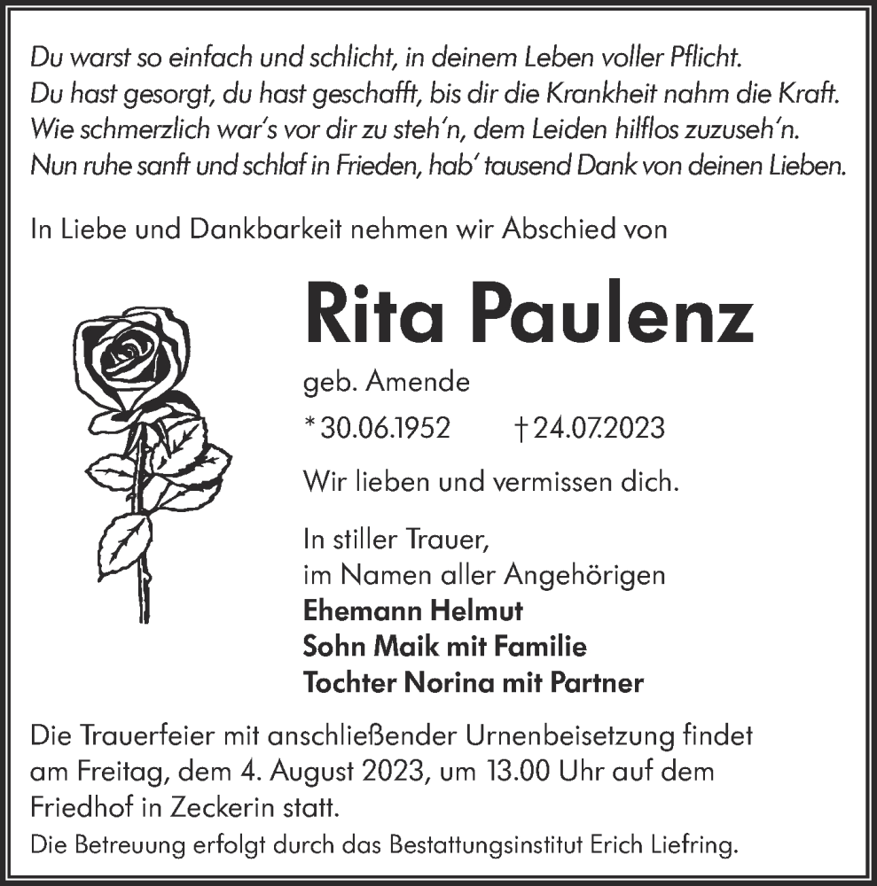  Traueranzeige für Rita Paulenz vom 29.07.2023 aus Lausitzer Rundschau