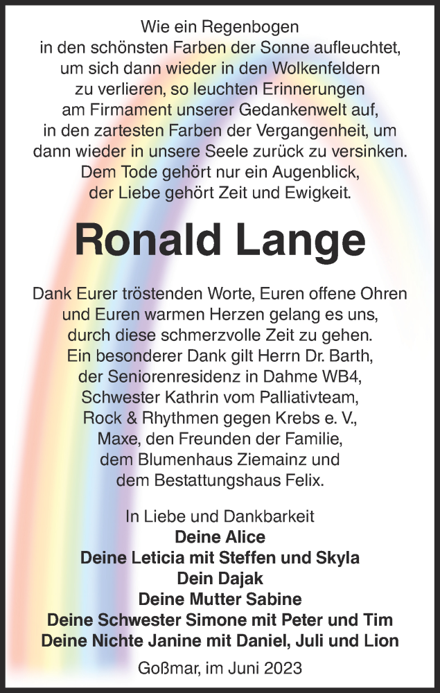  Traueranzeige für Ronald Lange vom 08.07.2023 aus Lausitzer Rundschau