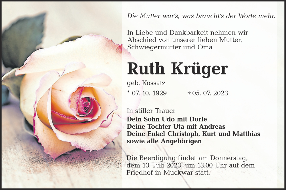  Traueranzeige für Ruth Krüger vom 10.07.2023 aus Lausitzer Rundschau