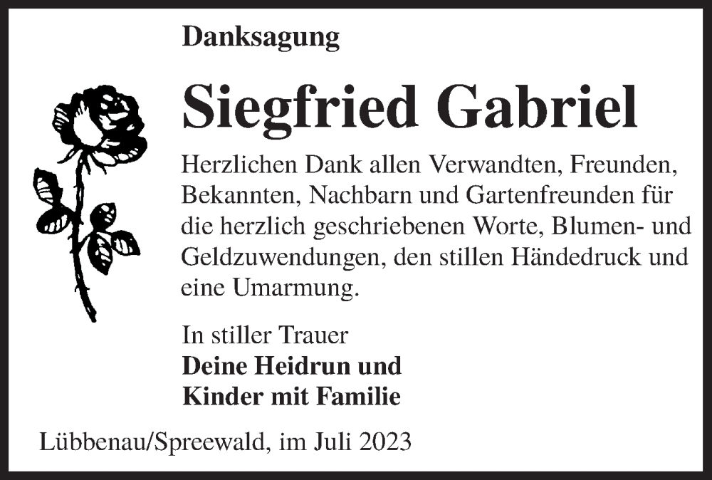  Traueranzeige für Siegfried Gabriel vom 08.07.2023 aus Lausitzer Rundschau
