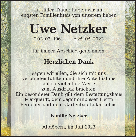 Traueranzeige von Uwe Netzker von Lausitzer Rundschau
