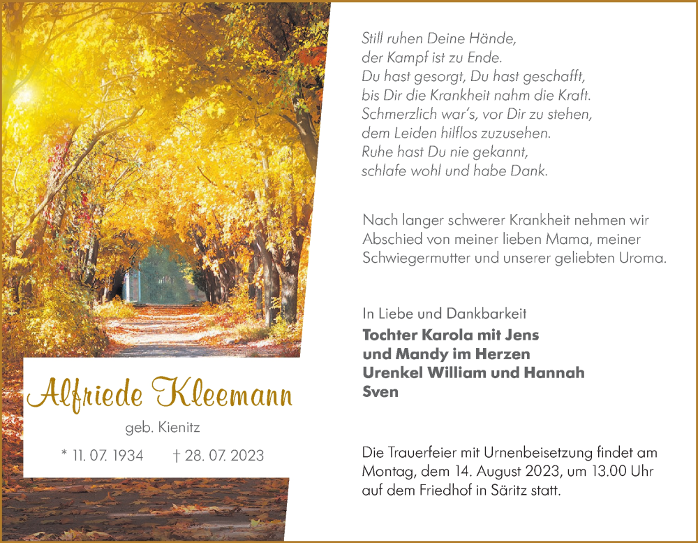  Traueranzeige für Alfriede Kleemann vom 05.08.2023 aus Lausitzer Rundschau