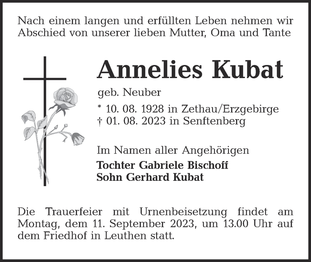  Traueranzeige für Annelies Kubat vom 26.08.2023 aus Lausitzer Rundschau