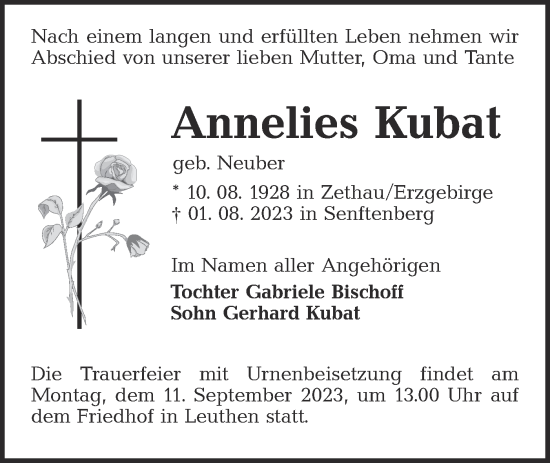 Traueranzeige von Annelies Kubat von Lausitzer Rundschau