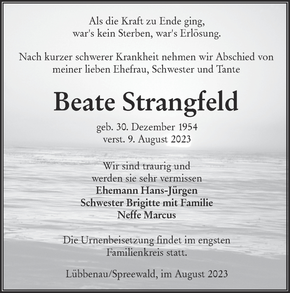  Traueranzeige für Beate Strangfeld vom 19.08.2023 aus Lausitzer Rundschau