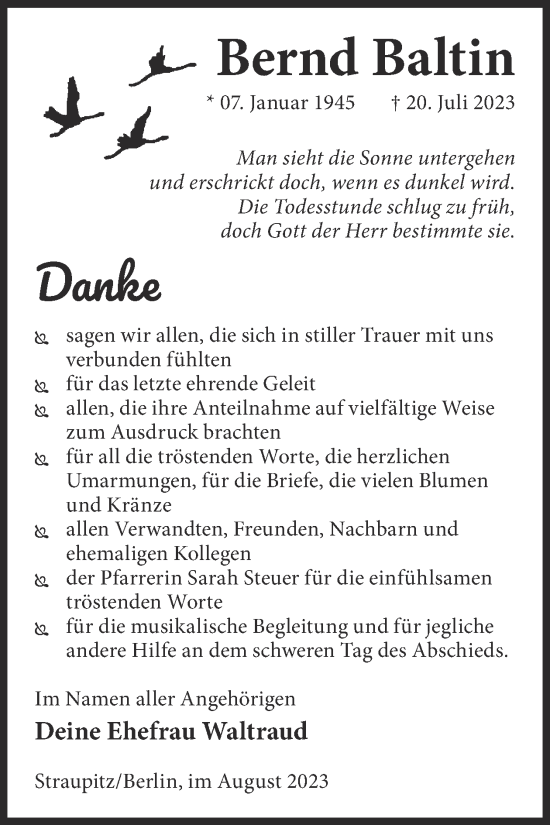 Traueranzeige von Bernd Baltin von Lausitzer Rundschau