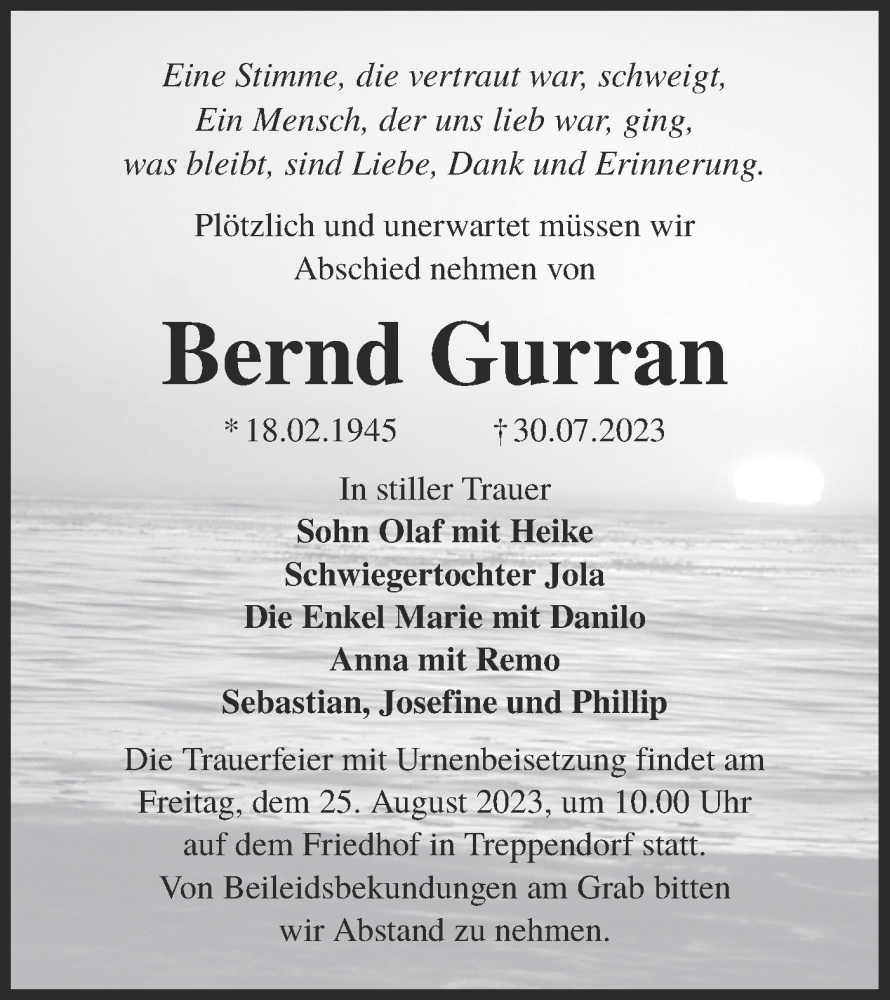  Traueranzeige für Bernd Gurran vom 12.08.2023 aus Lausitzer Rundschau