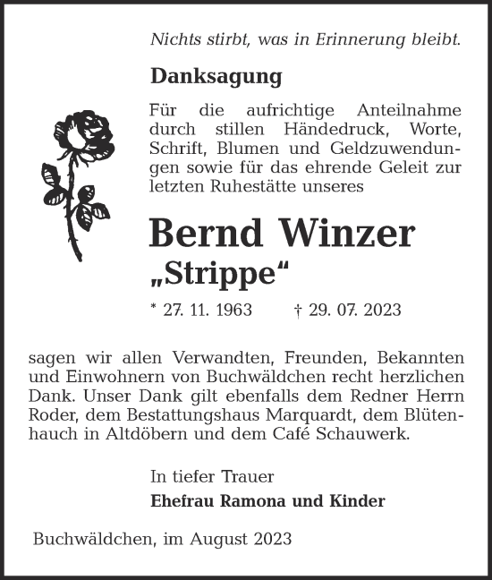 Traueranzeige von Bernd Winzer von Lausitzer Rundschau