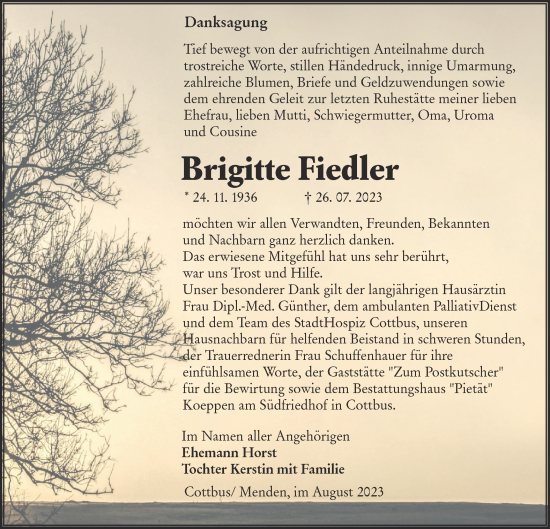 Traueranzeige von Brigitte Fiedler von Lausitzer Rundschau