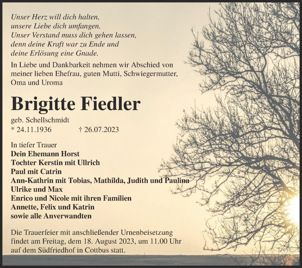  Traueranzeige für Brigitte Fiedler vom 12.08.2023 aus Lausitzer Rundschau