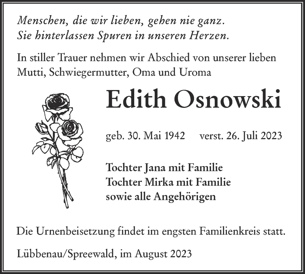  Traueranzeige für Edith Osnowski vom 12.08.2023 aus Lausitzer Rundschau