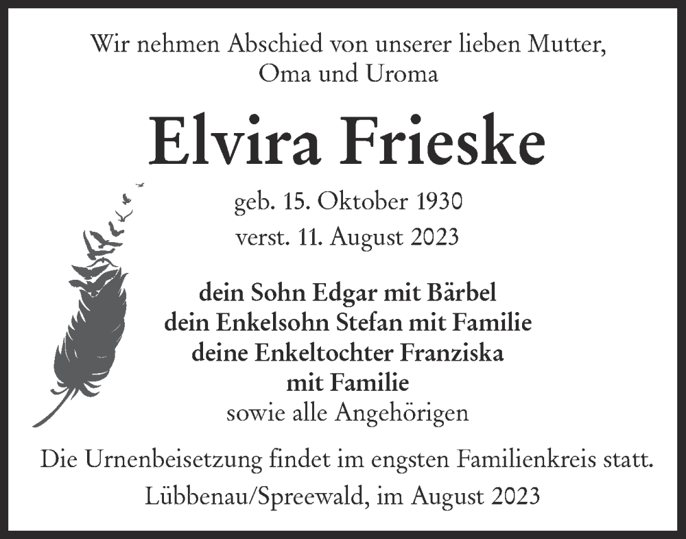  Traueranzeige für Elvira Frieske vom 26.08.2023 aus Lausitzer Rundschau