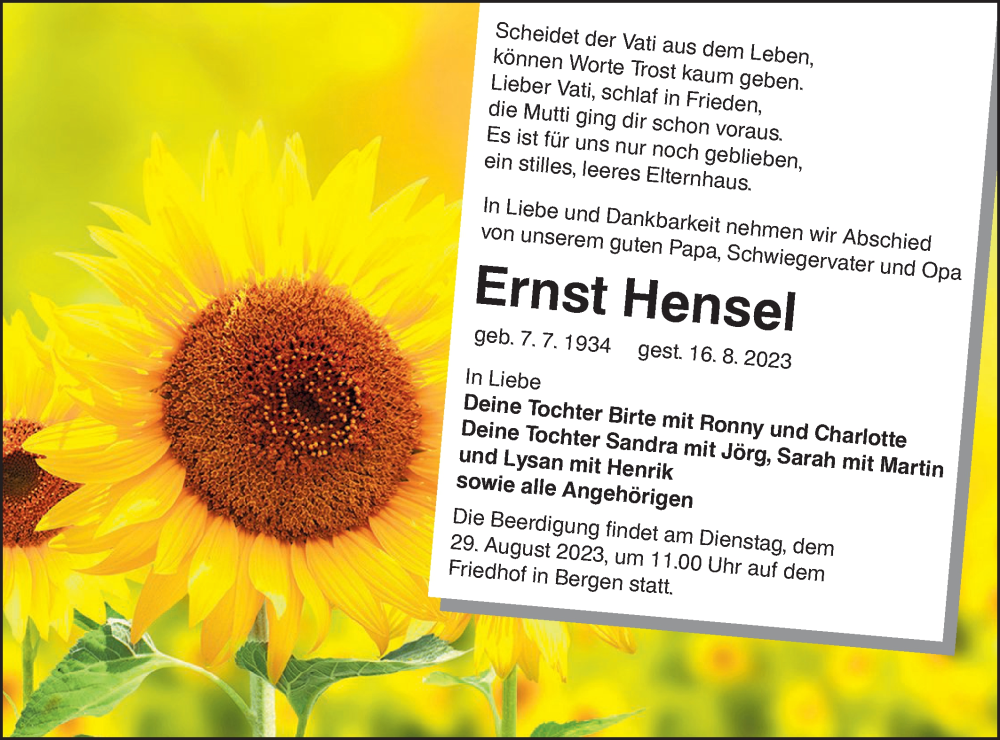  Traueranzeige für Ernst Hensel vom 26.08.2023 aus Lausitzer Rundschau