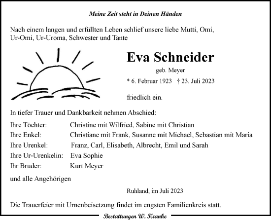 Traueranzeige von Eva Schneider von Lausitzer Rundschau