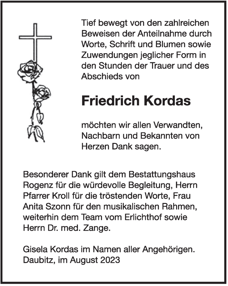 Traueranzeige für Friedrich Kordas vom 19.08.2023 aus Lausitzer Rundschau
