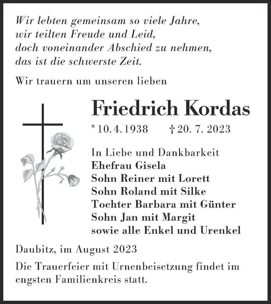  Traueranzeige für Friedrich Kordas vom 05.08.2023 aus Lausitzer Rundschau