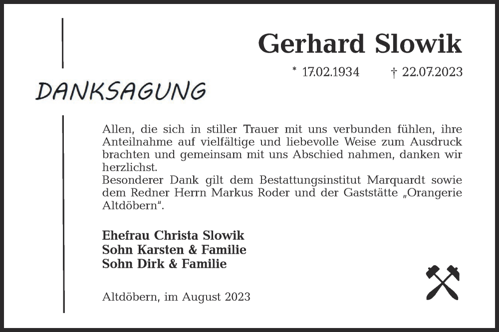  Traueranzeige für Gerhard Slowik vom 19.08.2023 aus Lausitzer Rundschau