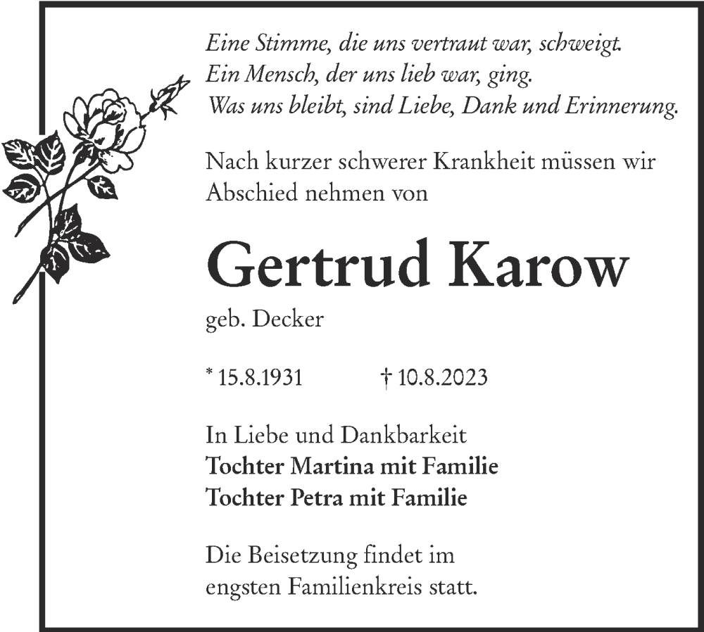  Traueranzeige für Gertrud Karow vom 19.08.2023 aus Lausitzer Rundschau