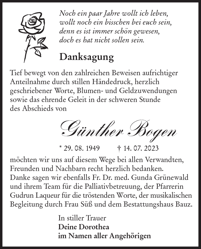  Traueranzeige für Günther Bogen vom 19.08.2023 aus Lausitzer Rundschau