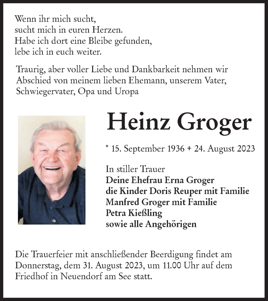  Traueranzeige für Heinz Groger vom 29.08.2023 aus Lausitzer Rundschau