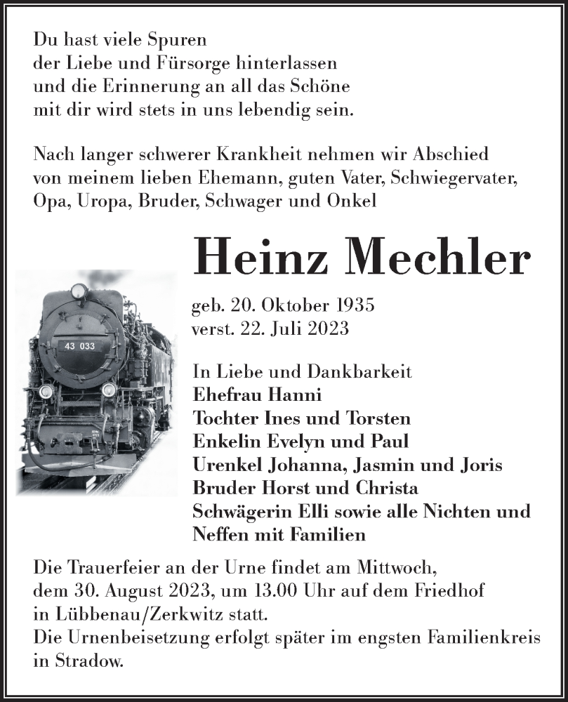  Traueranzeige für Heinz Mechler vom 19.08.2023 aus Lausitzer Rundschau