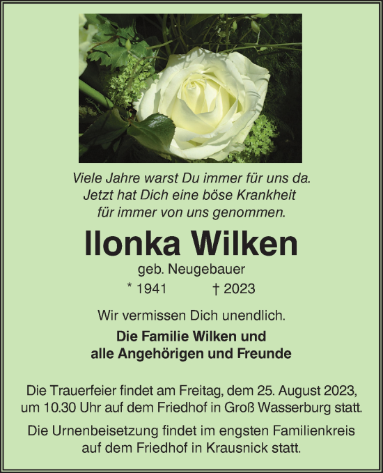 Traueranzeige von Ilonka Wilken von Lausitzer Rundschau