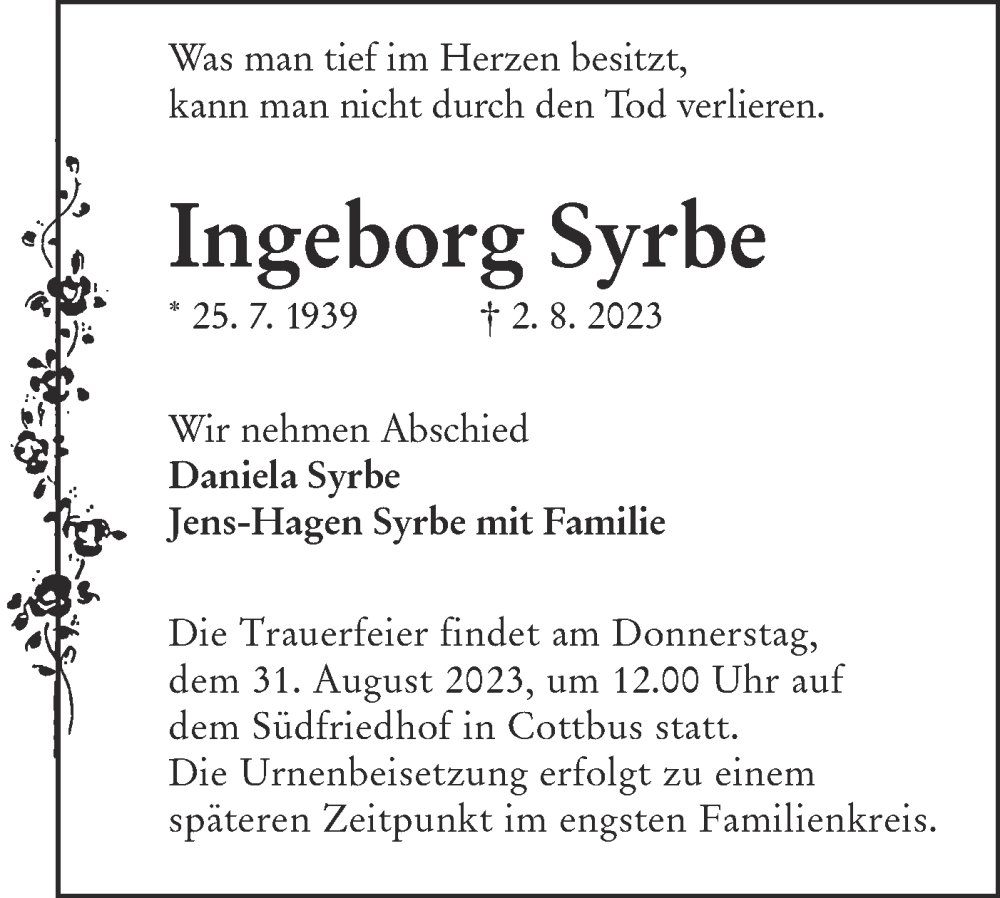  Traueranzeige für Ingeborg Syrbe vom 26.08.2023 aus Lausitzer Rundschau