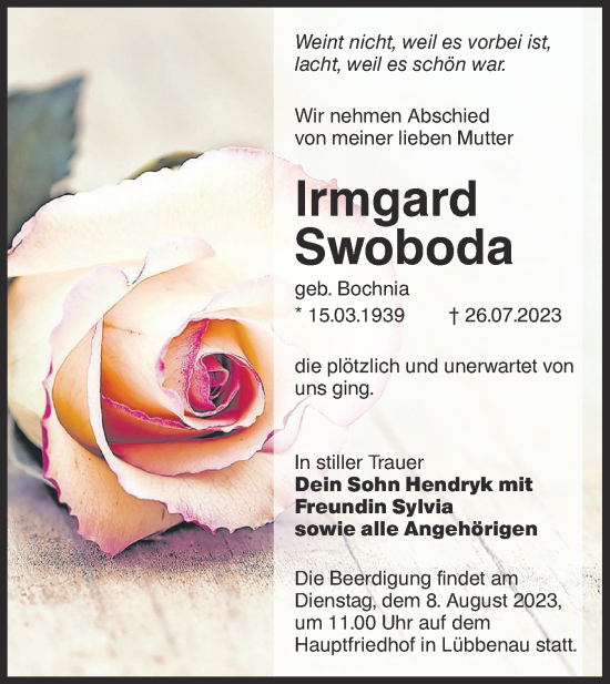 Traueranzeige von Irmgard Swoboda von Lausitzer Rundschau