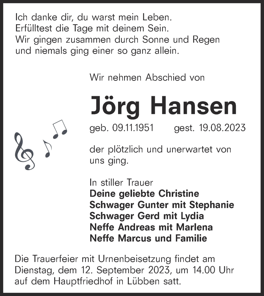  Traueranzeige für Jörg Hansen Hansen vom 26.08.2023 aus Lausitzer Rundschau