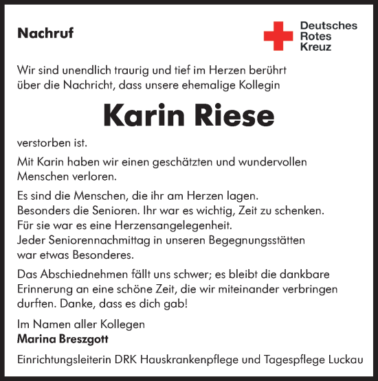 Traueranzeige von Karin Riese von Lausitzer Rundschau