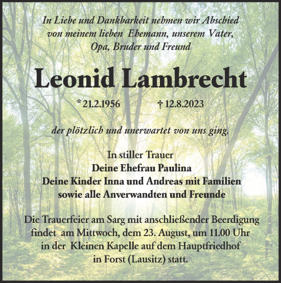 Traueranzeige von Leonid Lambrecht von Lausitzer Rundschau