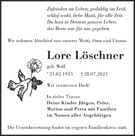 Traueranzeige von Lore Löschner von Lausitzer Rundschau