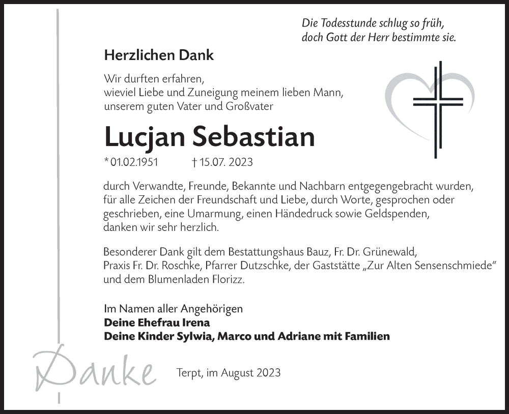  Traueranzeige für Lucjan Sebastian vom 19.08.2023 aus Lausitzer Rundschau