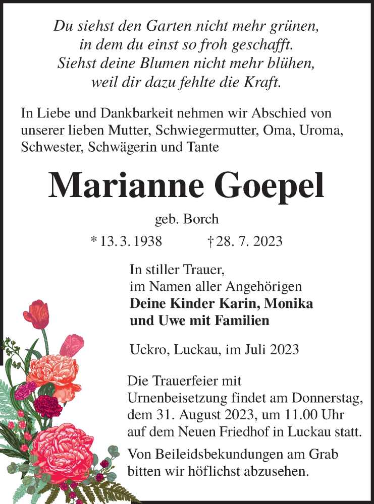  Traueranzeige für Marianne Goepel vom 19.08.2023 aus Lausitzer Rundschau