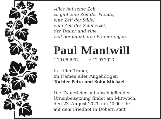 Traueranzeige von Paul Mantwill von Lausitzer Rundschau