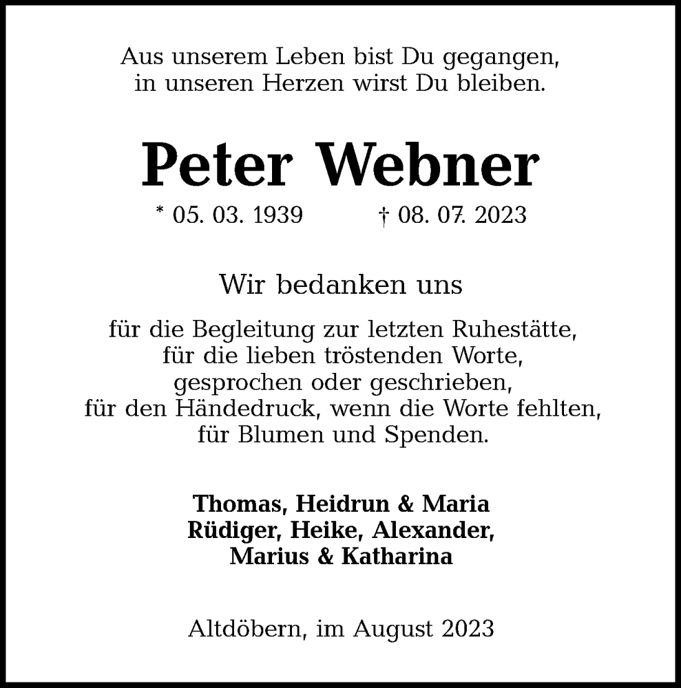  Traueranzeige für Peter Webner vom 26.08.2023 aus Lausitzer Rundschau