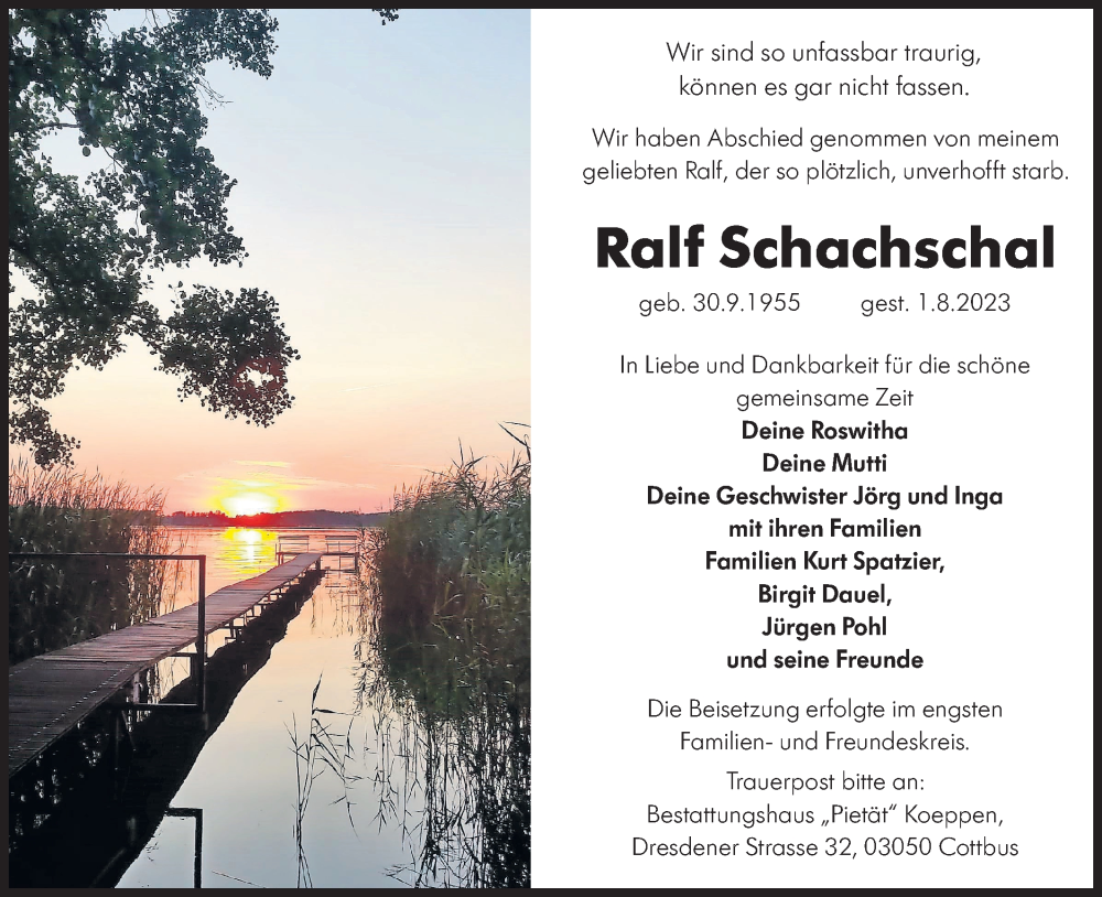  Traueranzeige für Ralf Schachschal vom 26.08.2023 aus Lausitzer Rundschau