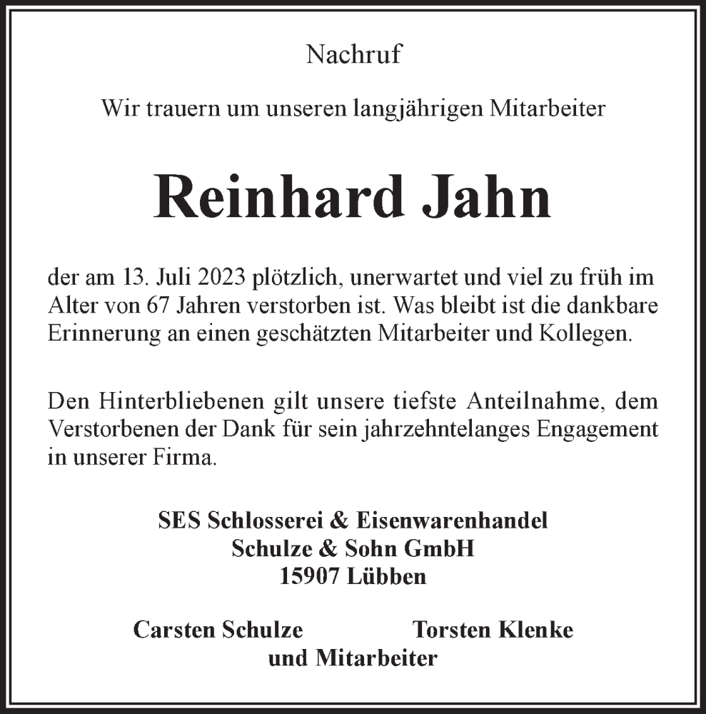  Traueranzeige für Reinhard Jahn vom 12.08.2023 aus Lausitzer Rundschau