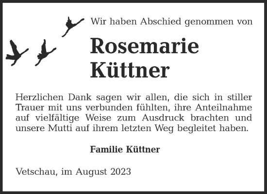 Traueranzeige von Rosemarie Küttner von Lausitzer Rundschau