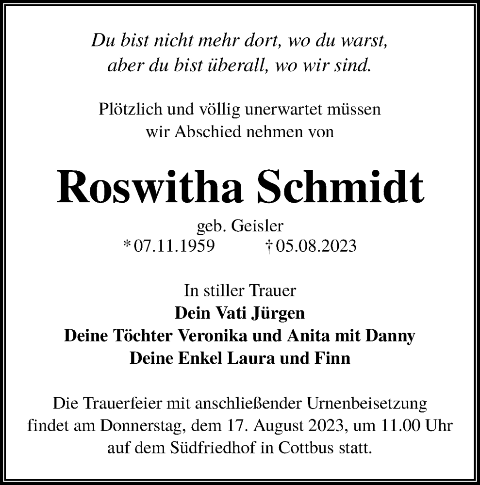  Traueranzeige für Roswitha Schmidt vom 12.08.2023 aus Lausitzer Rundschau