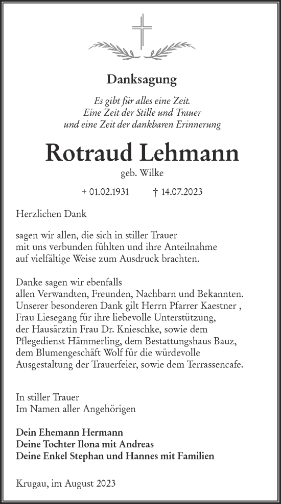 Traueranzeige von Rotraud Lehmann von Lausitzer Rundschau