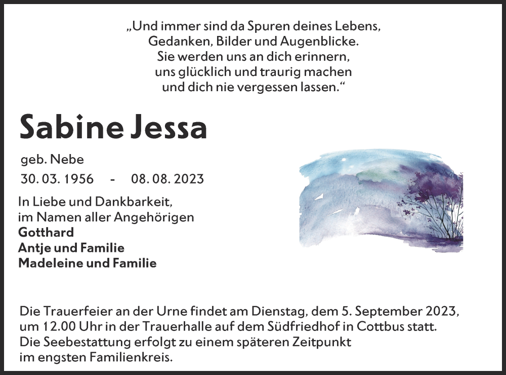  Traueranzeige für Sabine Jessa vom 26.08.2023 aus Lausitzer Rundschau