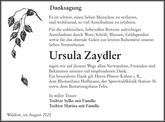 Traueranzeige von Ursula Zaydler von Lausitzer Rundschau