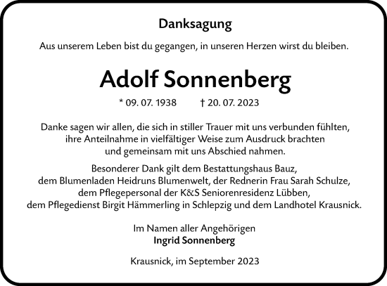 Traueranzeige von Adolf Sonnenberg von Lausitzer Rundschau