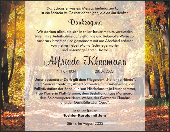 Traueranzeige von Alfriede Kleemann von Lausitzer Rundschau