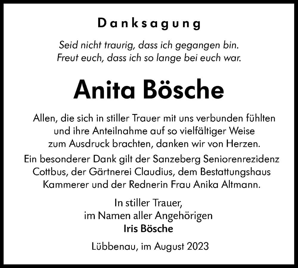  Traueranzeige für Anita Bösche vom 09.09.2023 aus Lausitzer Rundschau