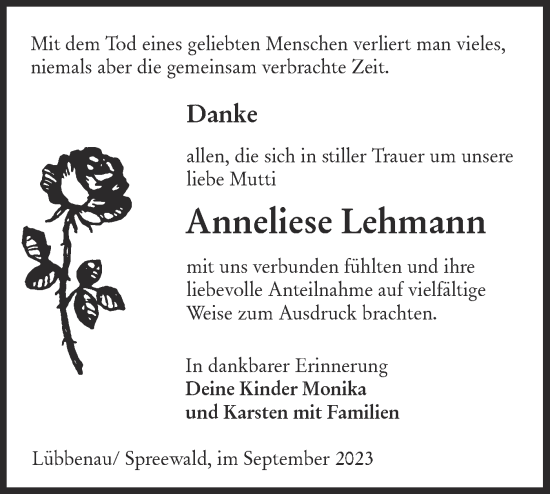 Traueranzeige von Anneliese Lehmann von Lausitzer Rundschau