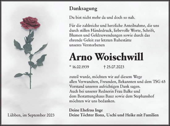 Traueranzeige von Arno Woischwill von Lausitzer Rundschau