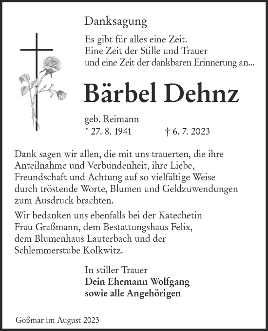 Traueranzeige von Bärbel Dehnz von Lausitzer Rundschau